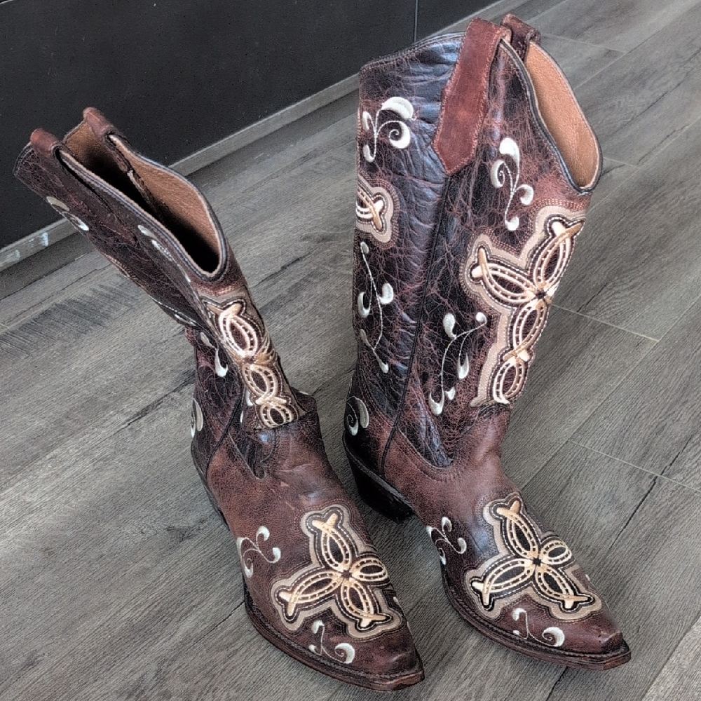 Brown Leather Intricate Embroidered Heeled Boots